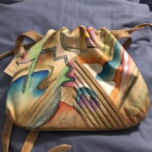 NWT Sam Sam brand genuine cowhide leather hand painted distressed crossbody bag